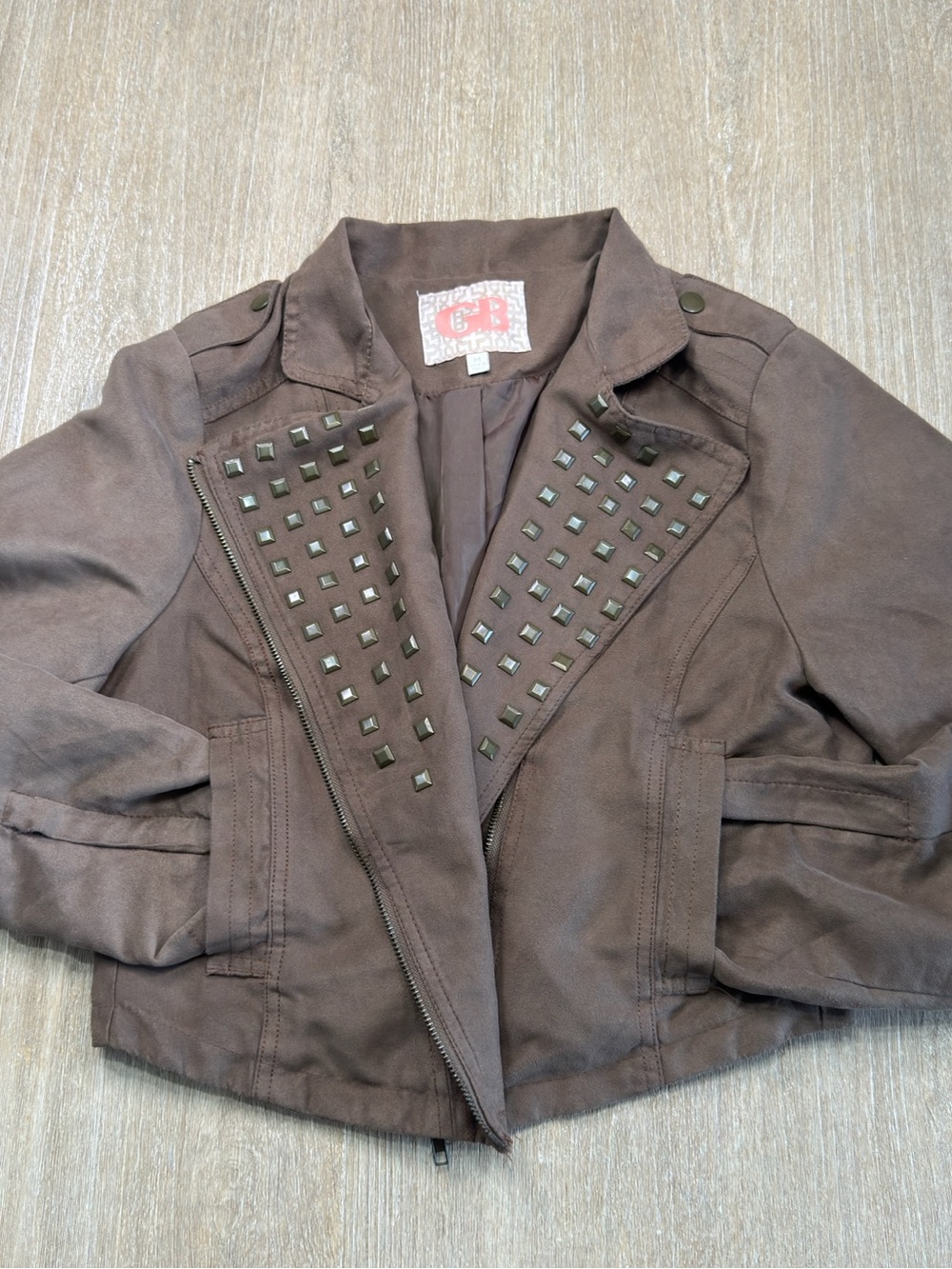 Gianni Bini Faux Suede Studded Moto Jacket Brown EUC Medium M Cropped Biker